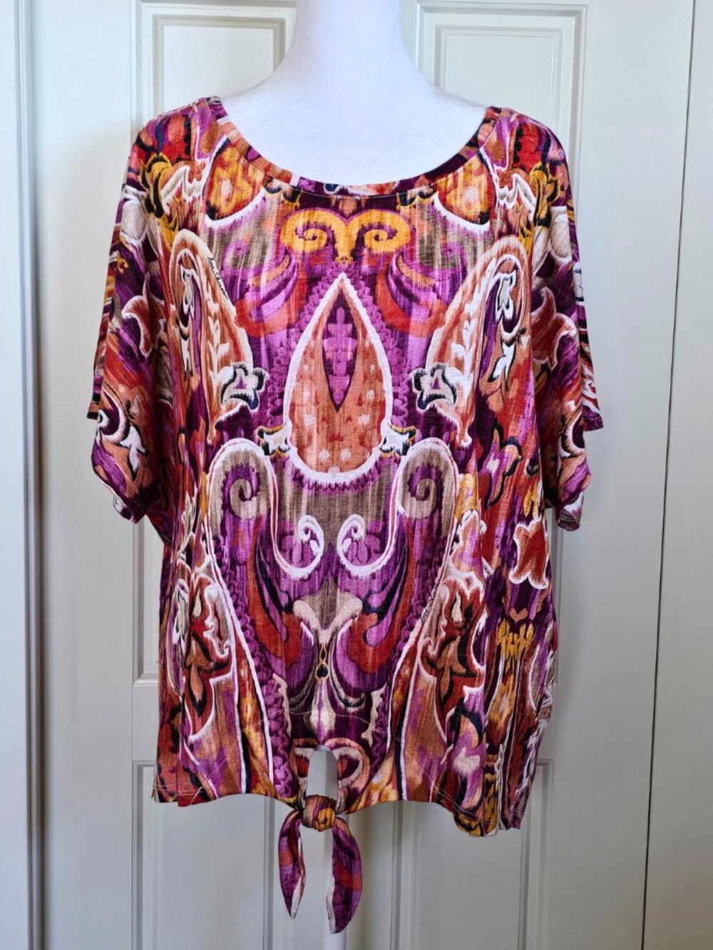 Chico’s Linen Top Size 2 L Paisley Dolman Tie Front Artsy Boho Top